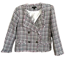 Ann Taylor Crop Jacket Blazer Size 2 Pastel Tweed Fringe Double Breasted Office