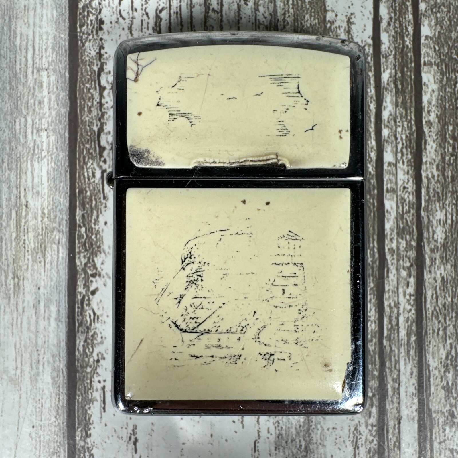 Scrimshaw Ship Lighthouse Faded See Pics