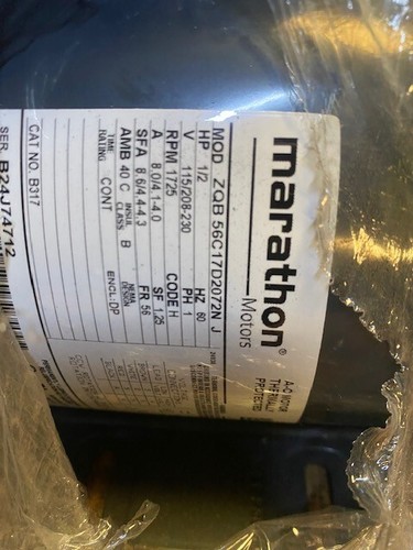 Marathon B317 Electric Motor 1/2 HP 1800 Rpm 1PH 115/208-230 Volt 56 56C17D2072N - Picture 2 of 2