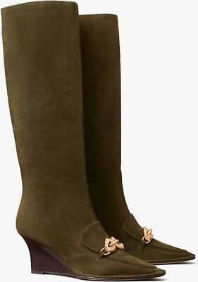 Tory Burch Boots Jessa Chain Tall Knee Wedge Suede Booties 6.5 | eBay