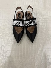 Moschino Logo Strap Leather Pointed Toe Slingback Flats Black Size EU 36.5/US 6