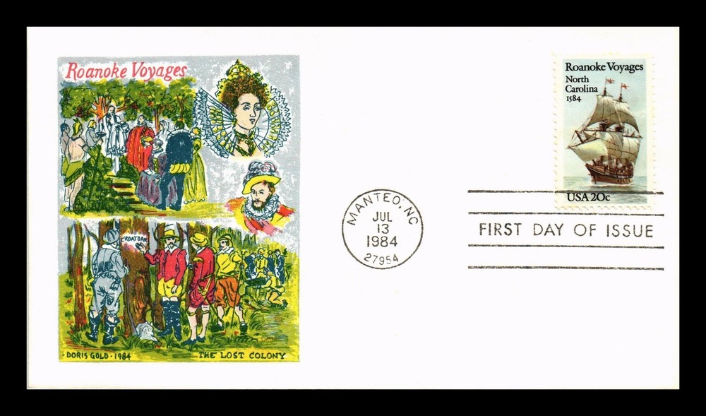 US COVER ROANOKE VOYAGES NORTH CAROLINA FDC SCOTT 2093 DORIS GOLD CACHET