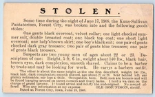 Forest City Iowa IA Postal Card Stolen Pantatorium Criminal Sherriff Wanted 1908