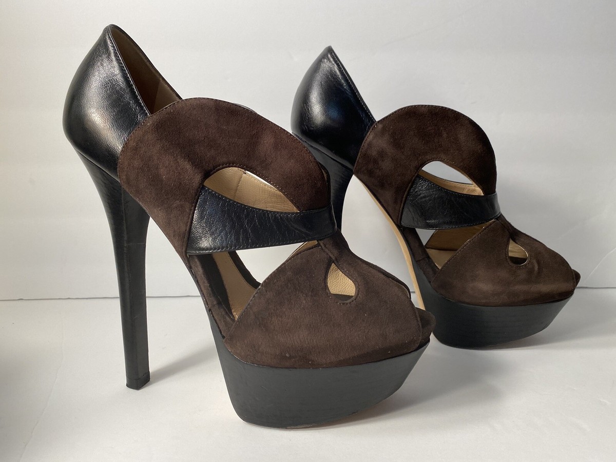 Fendi Suede Leather Open Toe Pumps High Heels Platform Black Brown