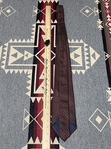 Drake’s Luxury Silk Necktie Red Blue Geometric Print Mens T3 - Picture 4 of 5