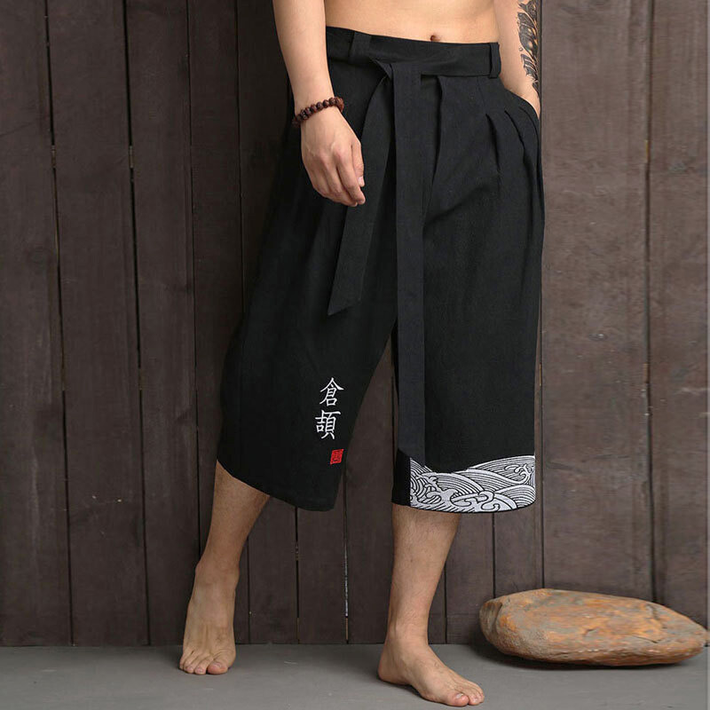 Mens Japanese Traditional Kimono Shorts Hakama Pants Loose Yukata