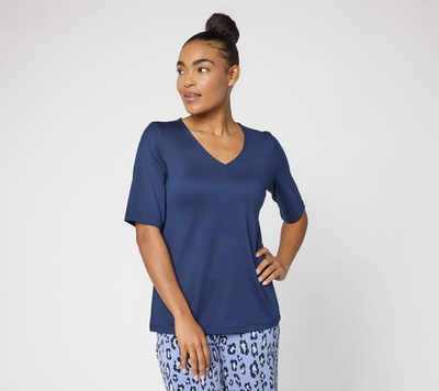 #ad Susan Graver Essentials Butterknit V Neck Top with Elbow Sleeves Navy M New $26.00