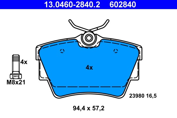 Rear ATE 13.0460-2840.2 Brake Pad Set, disc brake for FIAT,NISSAN,OPEL,RENAULT,V