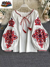 Women Retro Blouse National Style Embroidered Lace Up Tassel V Neck Later