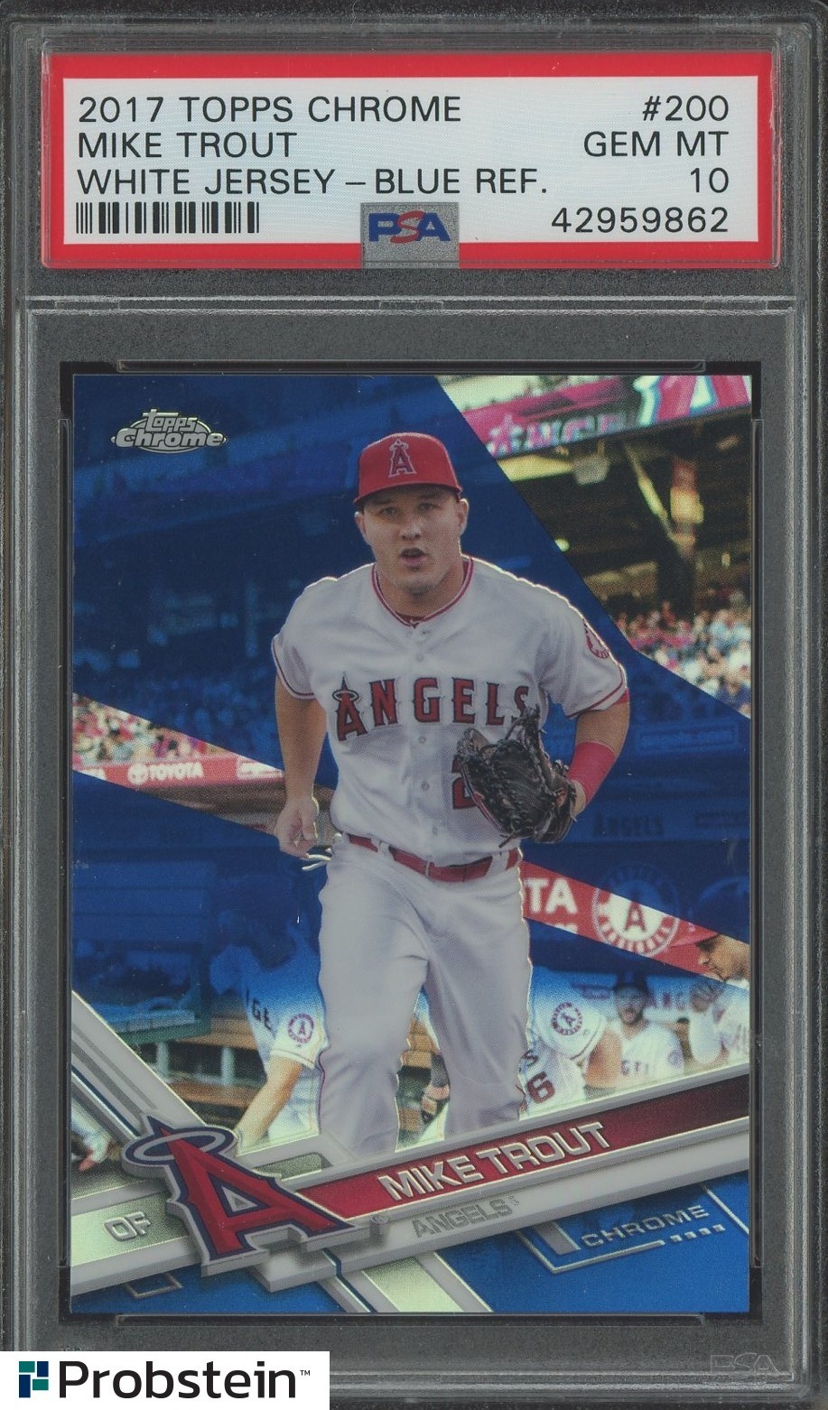2017 Topps Chrome Blue Refractor #200 Mike Trout White Jersey 142/150 PSA 10