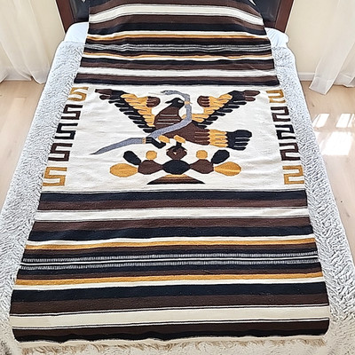 Vtg Woven Aztec Blanket Rug Eagle Eats Snake 60s Mexican Serape Saltillo 48 x87 