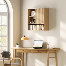 Bathroom Vanity Mirror Cabinet W/ Sliding Door, Fluted Wall Storage Natural Oak