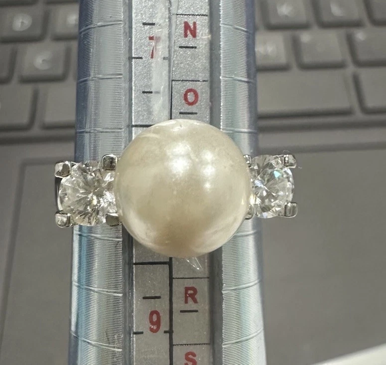 Anillo para mujer Park Lane tono plateado único imitación circonita cúbica perla talla 8 detalles firmado Foto 2 de 4