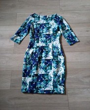 H&M Blue & Green Geometric Print Shift Pencil Dress Smart Office Work UK10/12