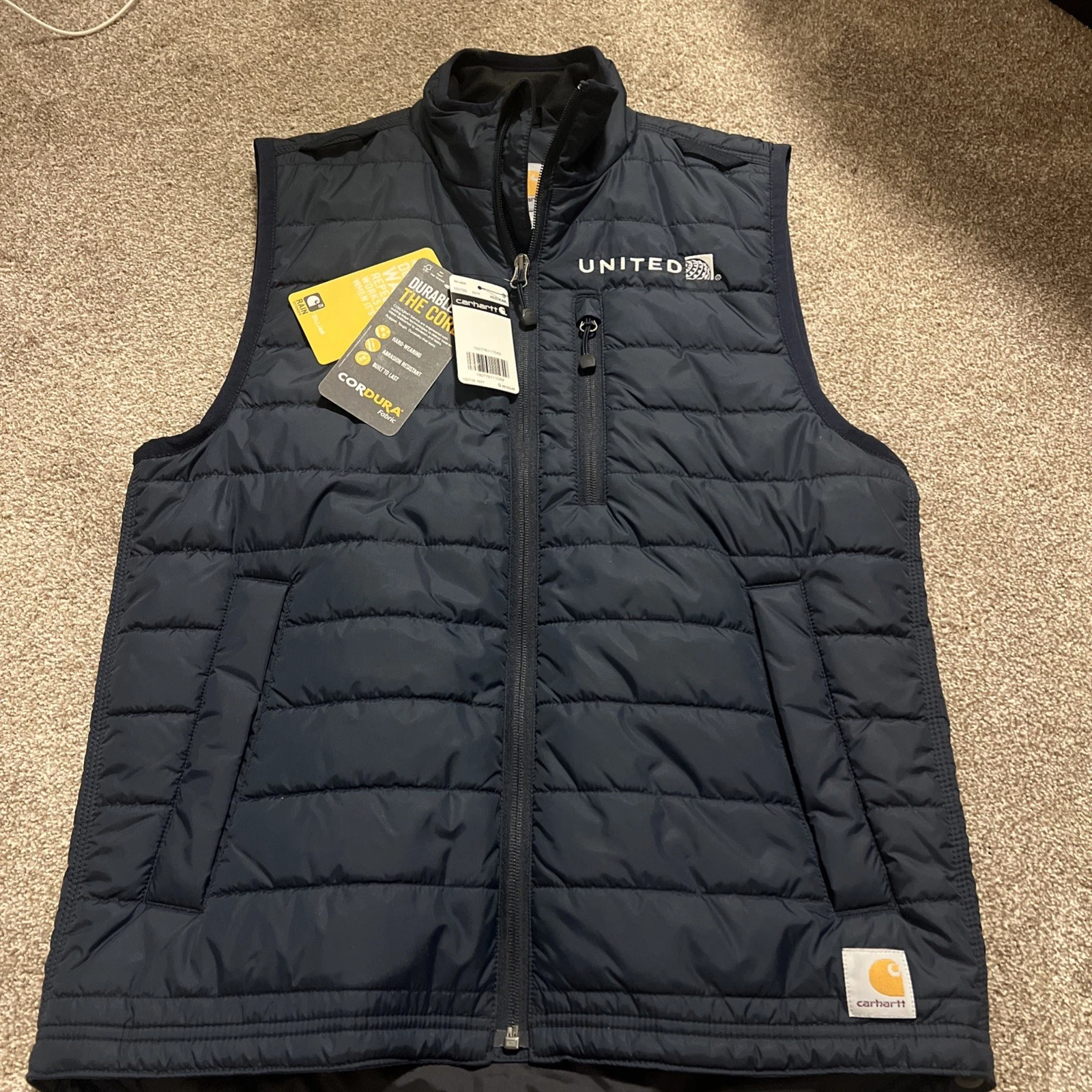 NWT Men Carhartt Vest Navy Quilted Insulated Puffer Zip United Logo Small