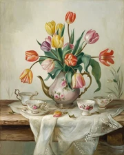 Tulips in Floral Teapot | Rustic Tea Scene | Vintage Oil Painting Museum Art