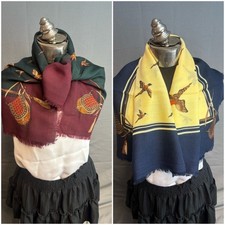 Vintage Lot of 2 Navy Blue Yellow Woven Wool Scarf, Pheasant Hunting Pattern