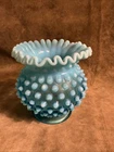 Vintage 1950s Fenton art glass blue opalescent crimped edge vase number one