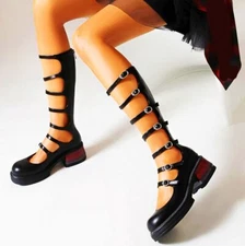 Mary Janes Women Strappy Buckle Knee High Boots Sandals Chunky Platform Creepers