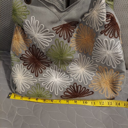 Embroidered Faux Suede Cotton Hobo Handbag Gray Floral - Picture 9 of 11
