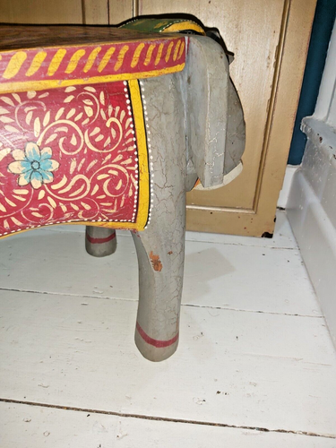 VINTAGE STYLE INDIAN HAND PAINTED SOLID WOOD ELEPHANT STOOL / TABLE - Picture 11 of 16