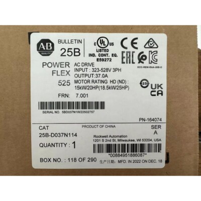25B-D037N114 2022 SER A Allen Bradley PowerFlex 525 AC Drive Factory Sealed