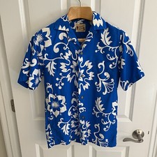 Vintage Polynesian Bazaar Hawaiian Aloha Shirt Men S Blue Floral USA Made 1960s