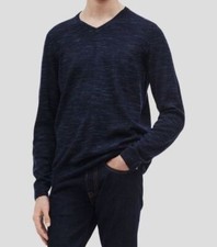  79 Calvin Klein Men Blue Extra Fine Merino Wool Pullover V-Neck Sweater Size XL