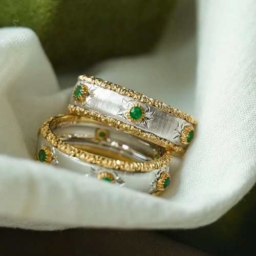 Vintage Handmade Carved Pattern Satin Emerald Unisex Band Ring 14K 2-Tone Gold - Picture 2 of 10