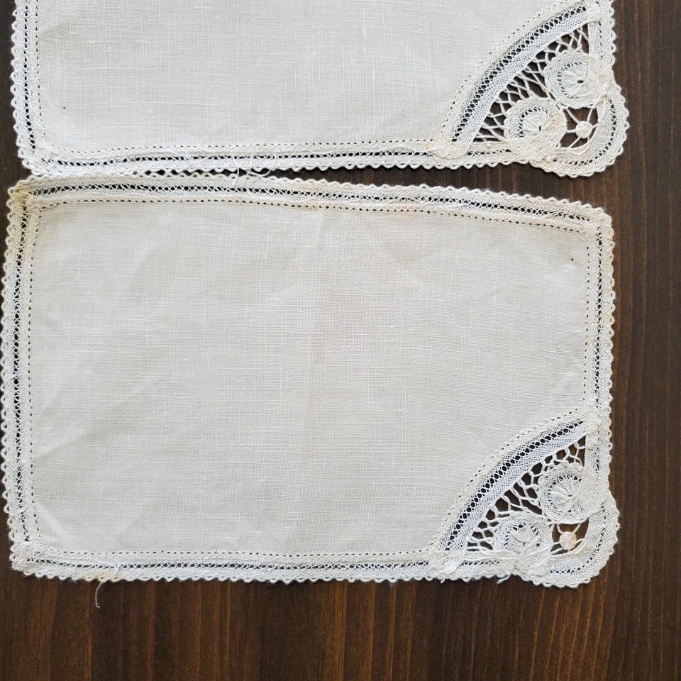 Antique Cloth Cocktail Napkins 3 Cream Battenburg Lace Corner 7.5x5" Cutwork - Image 3 of 4