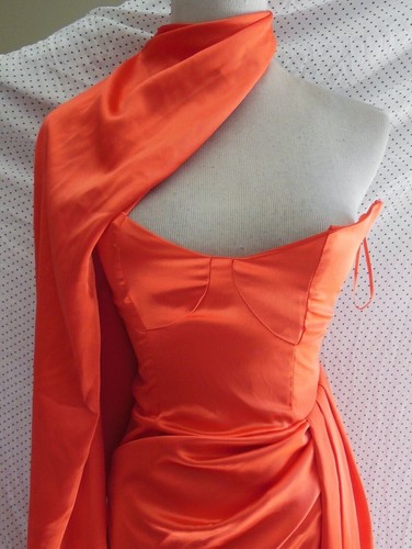 NEW ASOS Hot Red Orange LUXE SATIN Extreme Drape ONE SLEEVE Cocktail DRESS US 0 - Picture 5 of 12