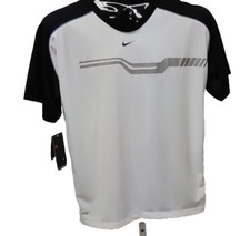 Nike Dri FIT Boys Short Sleeve Knit Front Graphic Design Navy White Sz L Shirt