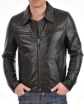 Men's Real Lambskin Leather Black Moto Biker Jacker Spread Collar Classic Coat