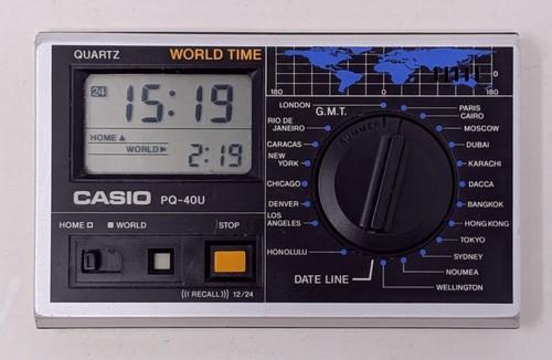 Vintage Casio PQ-40U Mini Travel Alarm Clock World Time Zones New Battery Tested