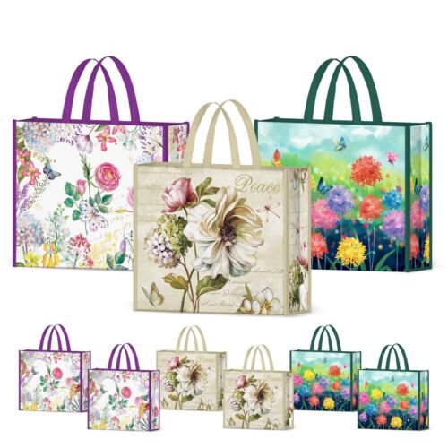 6 Pack Grocery Bags Reusable Peony Colorful Flowers Butterflies Shopping Bags...
