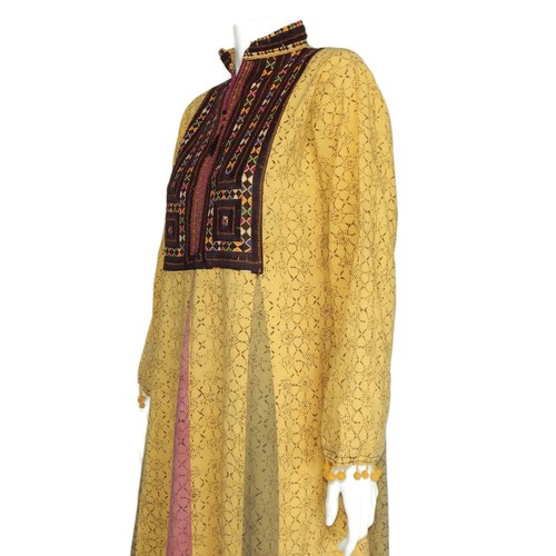 Vintage Block Print Embroidery Dress Indian Ochre Hippie Rainbow Pom Pom M/L 159 - Picture 7 of 8
