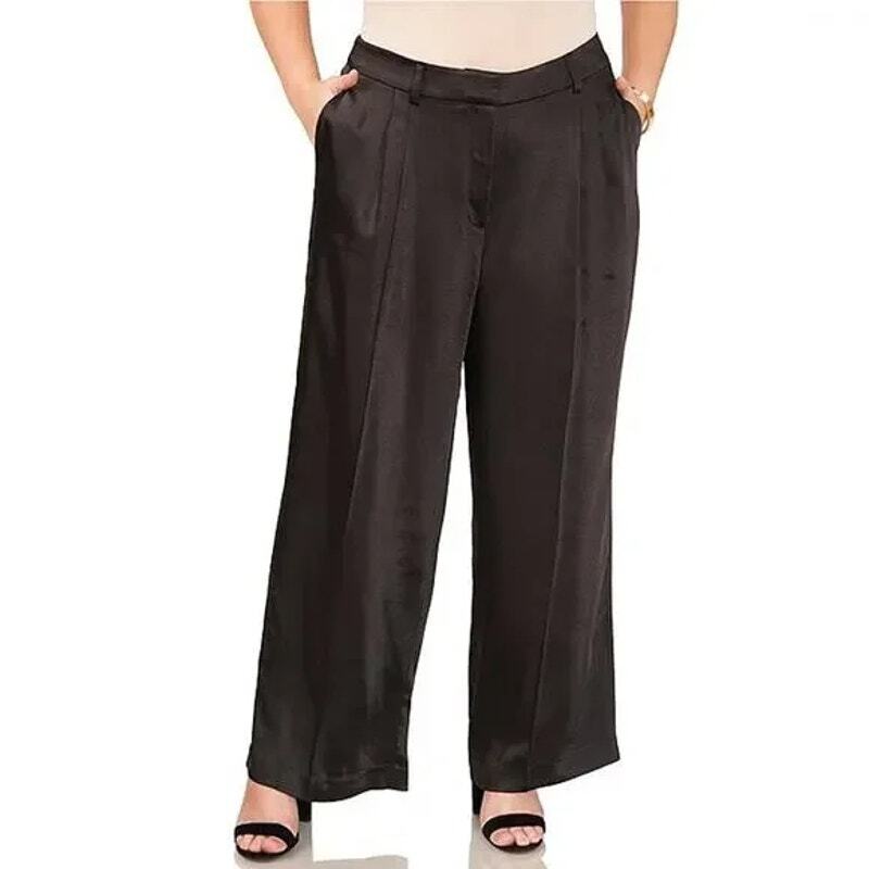 Vince Camuto Dress Pants Black Wide Leg Front Pleat Satin Pleated Trousers  24W | eBay