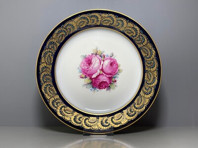 KPM Berlin Teller Blumen Rosen Emailmalerei Kobaltblaue Fahne Gold D:24cm