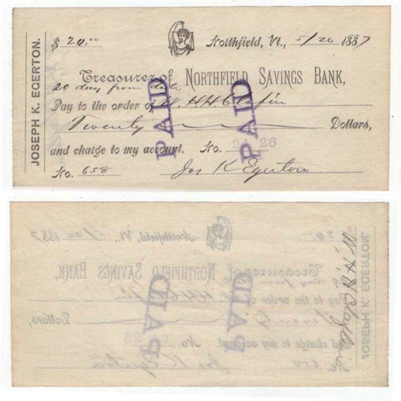 1887 Check, Treasurer of Northfield Savings Bank, Northfield, Vermont
