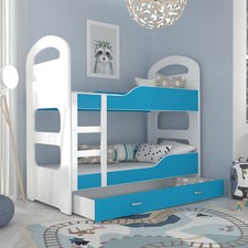 Hochbett 80x160 Etagenbett Kinderbett Bett Matratze Bettkasten DOMI Weiß Blau