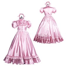French Girl Sissy Maid Lockable Pink Satin Dress Cosplay Costume Tailor-made
