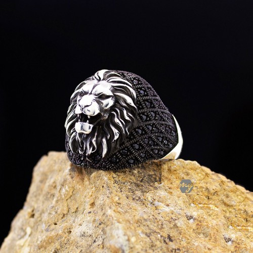 925 Sterling Silver Black Micro Stone Wild Lion Men's Ring - Picture 2 of 5