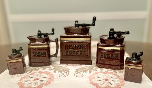 5 pc. Vintage Red Ware Canister Set Instant Coffee Sugar Creamer Salt & Pepper - Picture 2 of 12