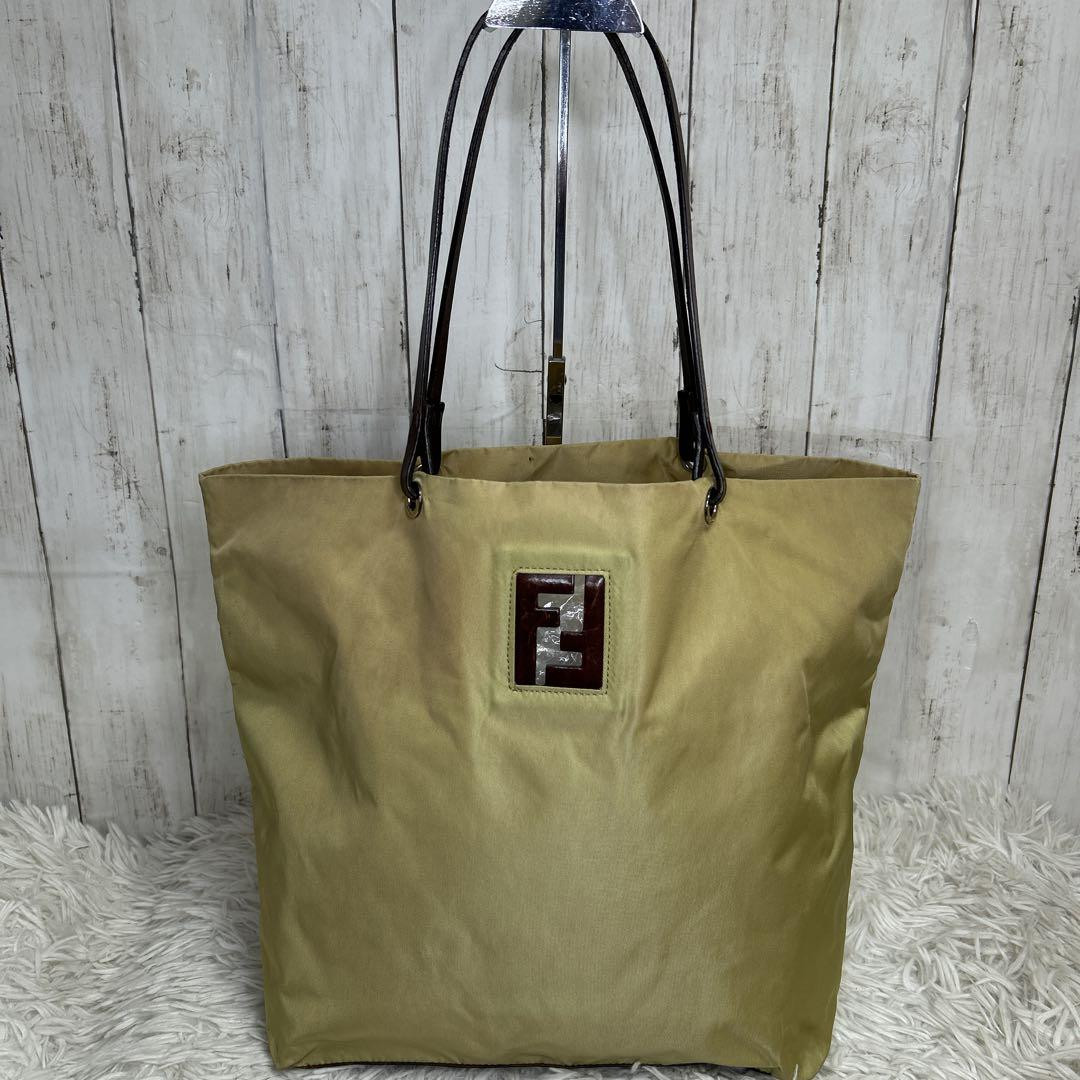 Fendi FF Logo Tote Bag Yellow Green Khaki Nylon Leather Trim Preowned
