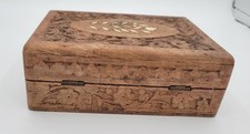 Vintage Wooden Hand Carved Hinged Jewelry Trinket Box Floral Inlay India 1980s