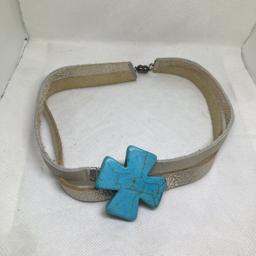 Unique Teal Crackled Christian Cross Double Fabric Choker Necklace