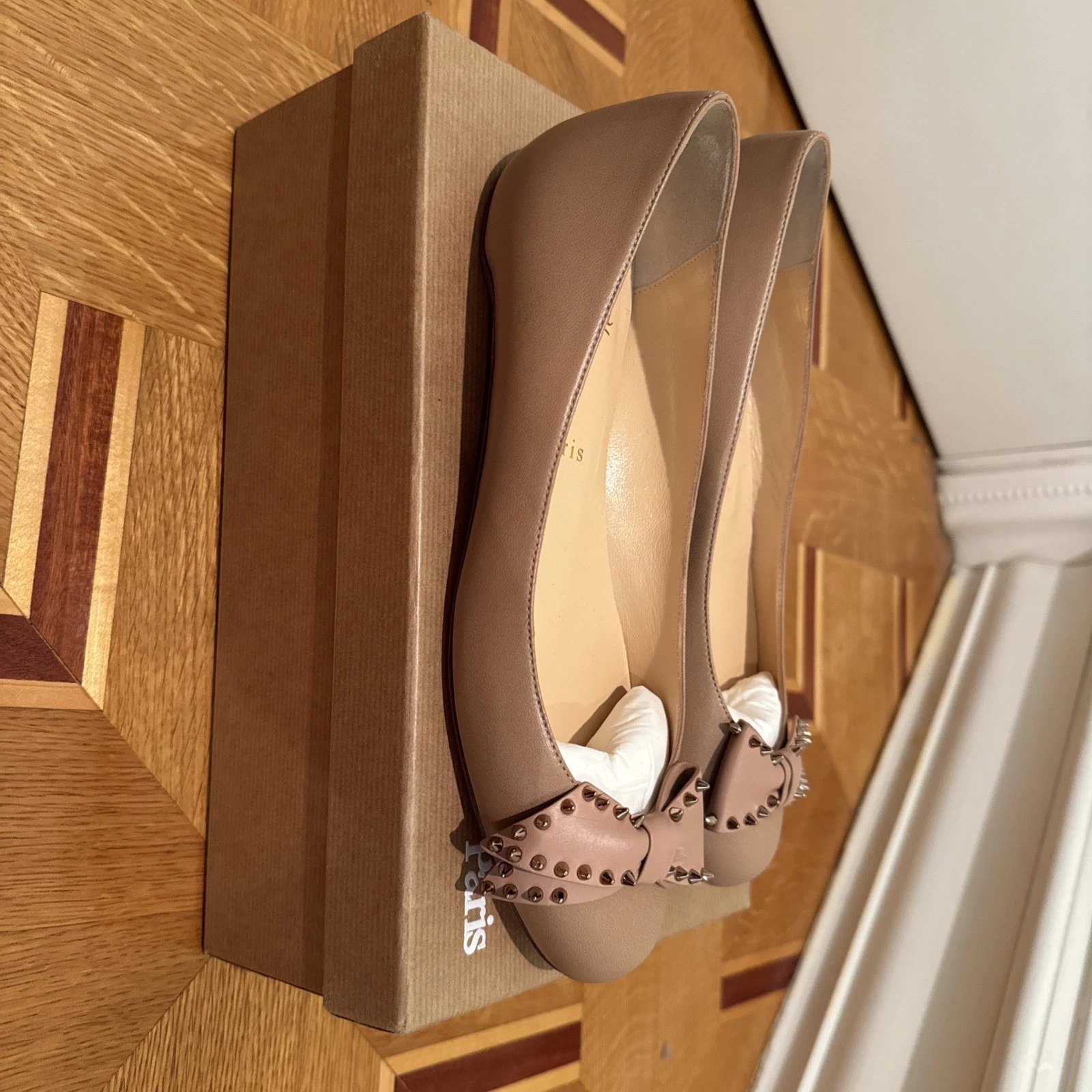 Christian Louboutin — Christian Louboutin Ballalarina Flat Nappa Calf Nude With Rose Gold Studs 37.5