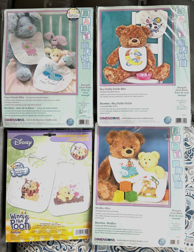 Needlecraft Cross Stitch Baby Bibs Disney Janlynn Zoo Farm Moon  Dimemsions Lot