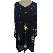 Free People XS Black Floral Embroidered Open Back Shift Dress Womens - AC