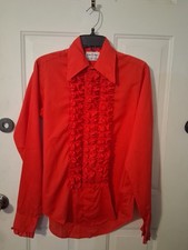 5B Lion of Troy Tuxedo Shirt Red Ruffles Tux Prom Disco Vintage 70s Small 34-35